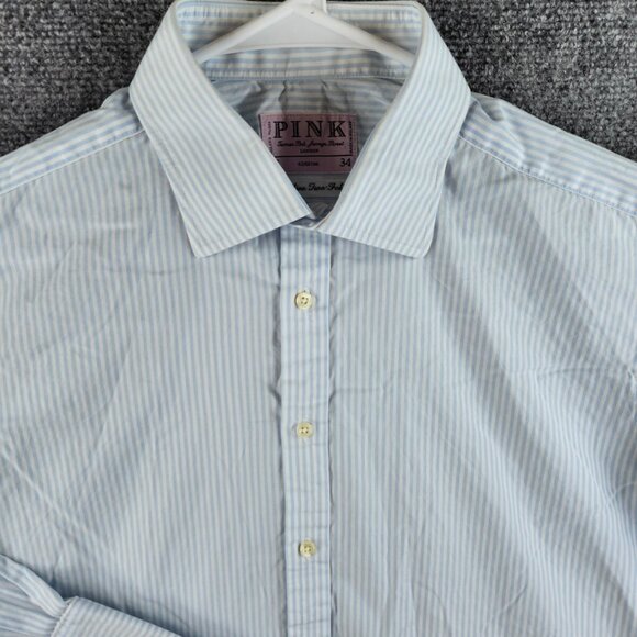Thomas Pink Long Sleeve Button Up Cotton Ireland Blue Striped Superfine 17 34 - Picture 1 of 16